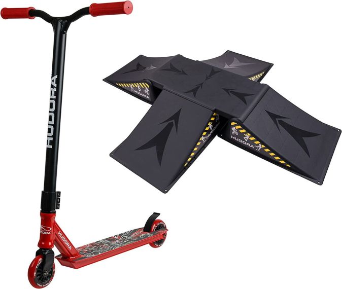 HUDORA Stunt Scooter XQ-13 Roller Rot mit Hudora Skater Rampe 5-tlg SET