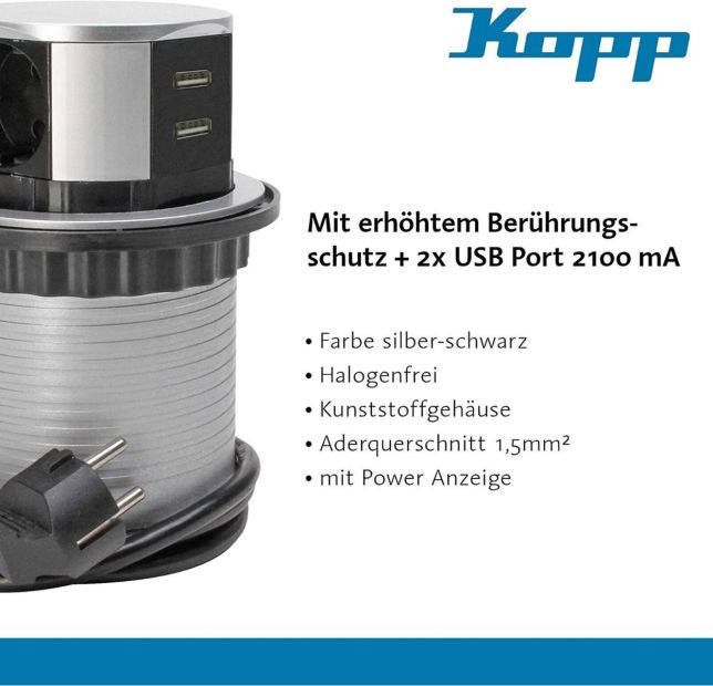 Kopp 6-Fach mit 3X Steckdose + 2X USB-Port Steckdosenleiste mit USB Kopp 6-Fach mit 3X Steckdose + 2X USB-Port Steckdosenleiste mit USB