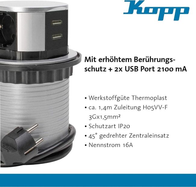 Kopp 6-Fach mit 3X Steckdose + 2X USB-Port Steckdosenleiste mit USB Kopp 6-Fach mit 3X Steckdose + 2X USB-Port Steckdosenleiste mit USB