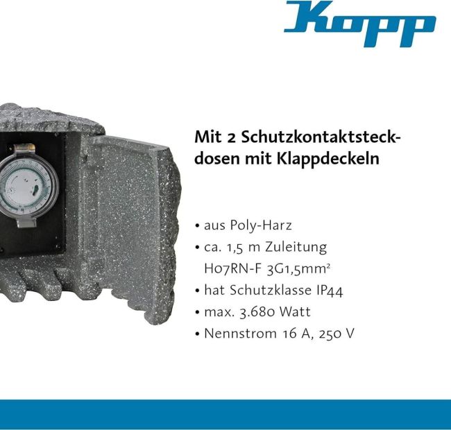 Kopp Energiestation Stein-Optik mit 2 Schutzkontakt und Zeitschaltuhr