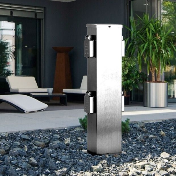Ledar Steckdosenpfosten - Stockach stahl, Outdoor Silber Außensteckdose (4-fach) 