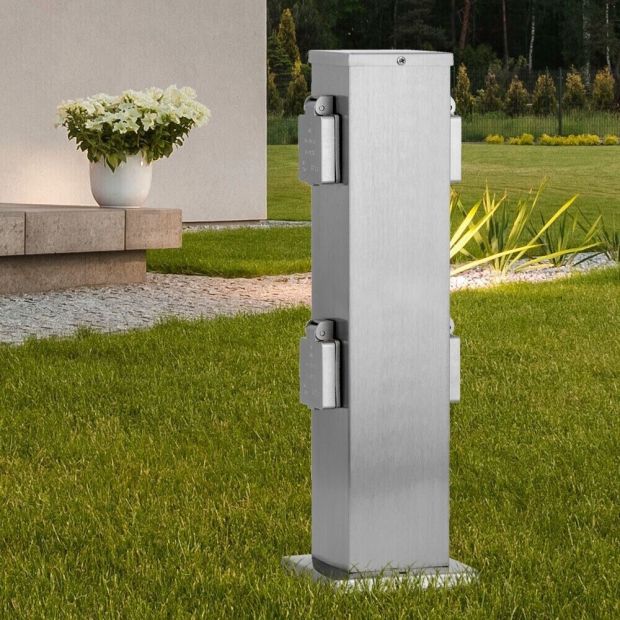 Ledar Steckdosenpfosten - Stockach stahl, Outdoor Silber Außensteckdose (4-fach) 