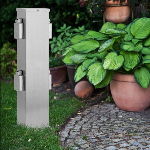 Ledar Steckdosenpfosten - Stockach stahl, Outdoor Silber Außensteckdose (4-fach) 