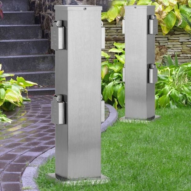 Ledar Steckdosenpfosten - Stockach stahl, Outdoor Silber Außensteckdose (4-fach) 