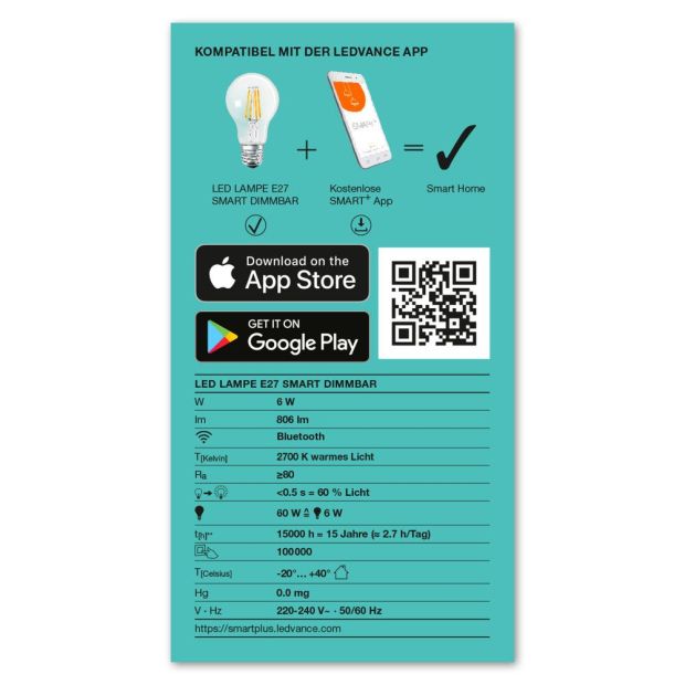 LEDVANCE Volks-Licht E27 Smart+ LED Lampe 6W dimmbar Bluetooth [ 4ER-PACK ]