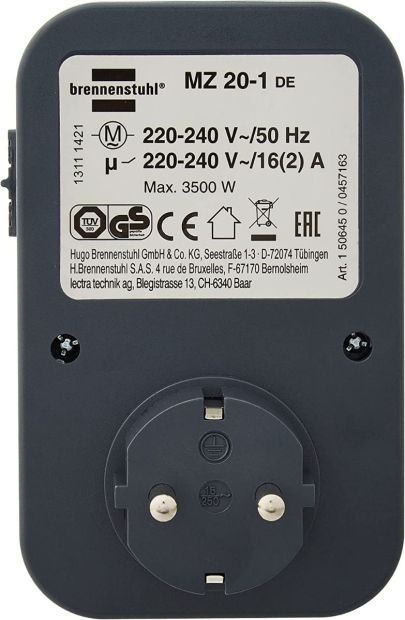 Brennenstuhl Zeitschaltuhr MZ 20, mechanische Timer-Steckdose Grau 