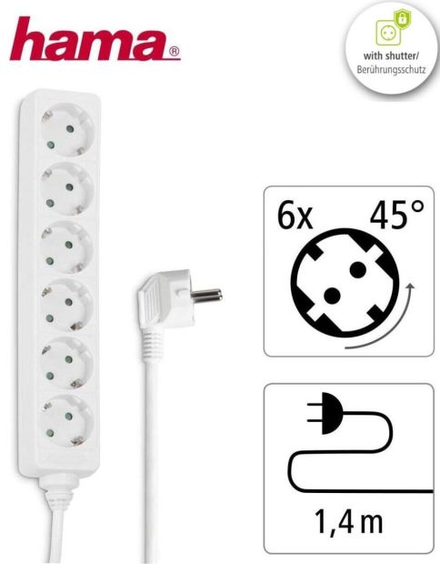 Hama 6-Fach Steckdosenleiste Mehrfachsteckdose 3500W 45° Gedreht 1,4m Weiß