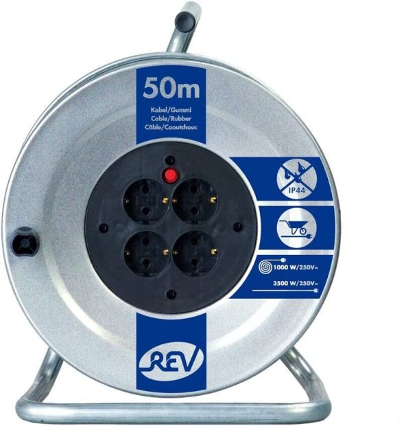 REV Kabeltrommel 50m Kabelbox Verlängerungskabel Kabelrolle mit 4-Fach Stecker