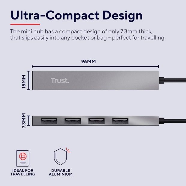 Trust Halyx Mini USB 2.0 Hub 4 Ports Plug and Play USB Datenhub [2er]