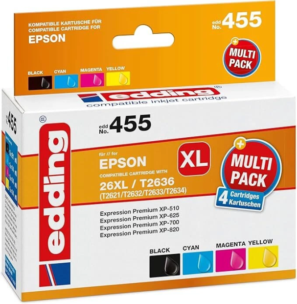 Edding EDD-455 Druckerpatrone Multipack für Epson 26XL T1631, T2632, T2633, T2634 Edding EDD-455 Druckerpatrone Multipack für Epson 26XL T1631, T2632, T2633, T2634