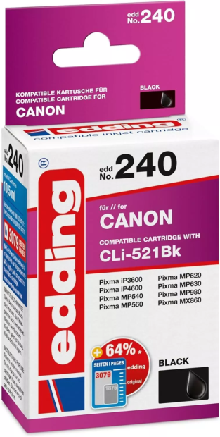 edding Druckerpatrone EDD-240 Schwarz 10.5 ml für Canon CLI-521BK Einzelpatrone