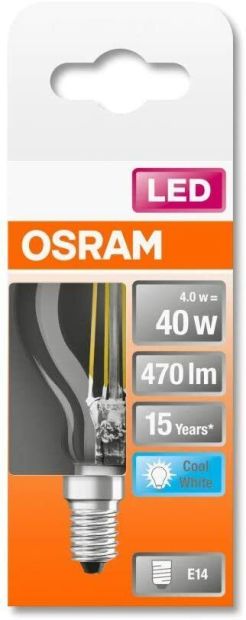 OSRAM Filament LED Lampe mit E14 Sockel Tropfenform Kaltweiß 40-W-Glühbirne OSRAM Filament LED Lampe mit E14 Sockel Tropfenform Kaltweiß 40-W-Glühbirne