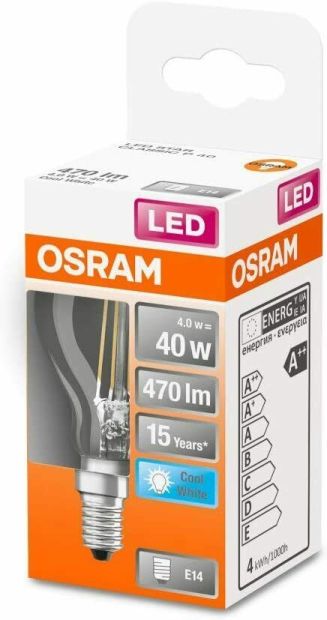OSRAM Filament LED Lampe mit E14 Sockel Tropfenform Kaltweiß 40-W-Glühbirne OSRAM Filament LED Lampe mit E14 Sockel Tropfenform Kaltweiß 40-W-Glühbirne