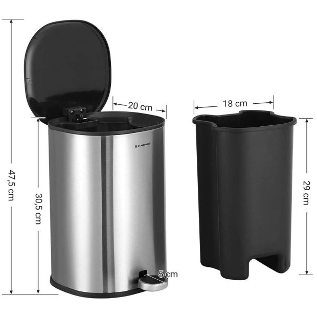 SONGMICS® Mülleimer Abfalleimer 5L Stahl Papierkorb Silbern - Schwarz