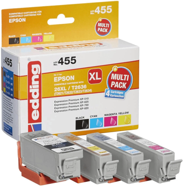 Edding EDD-455 Druckerpatrone Multipack für Epson 26XL T1631, T2632, T2633, T2634 Edding EDD-455 Druckerpatrone Multipack für Epson 26XL T1631, T2632, T2633, T2634