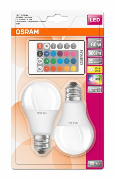 OSRAM STAR+ RGBW LED Lampe E27 Birne mit Fernbedienung 60W [2ER PACK]