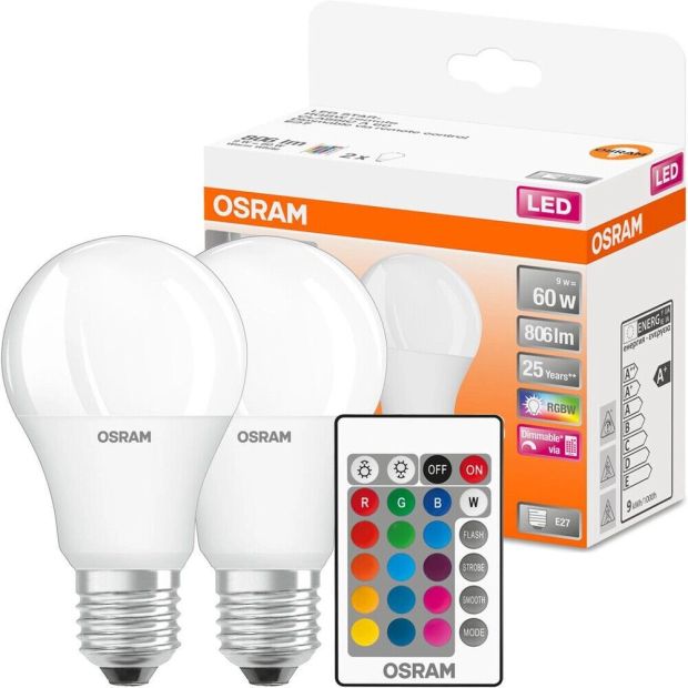 OSRAM STAR+ RGBW LED Lampe E27 Birne mit Fernbedienung 60W [2ER PACK]