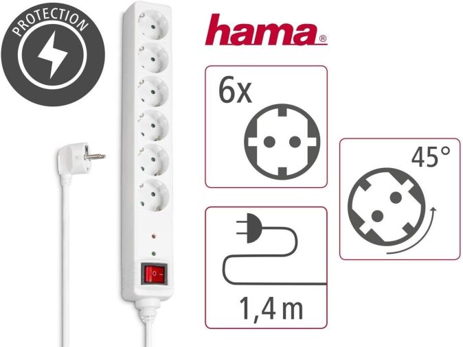 Hama 6-Fach Steckdosenleiste mit Schalter und Berühnungschutz Hama 6-Fach Steckdosenleiste mit Schalter und Berühnungschutz