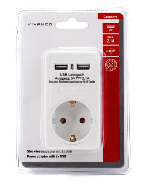 Vivanco Zwischenstecker Steckdosenadapter mit 2x USB Buchse Weiß
