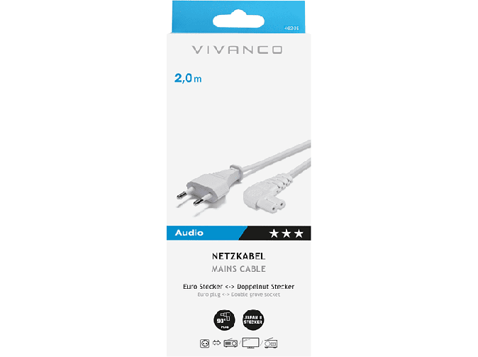 Vivanco Netzkabel Netzanschlussleitung Euro-Doppelnut Stecker Winkelstecker 2 m