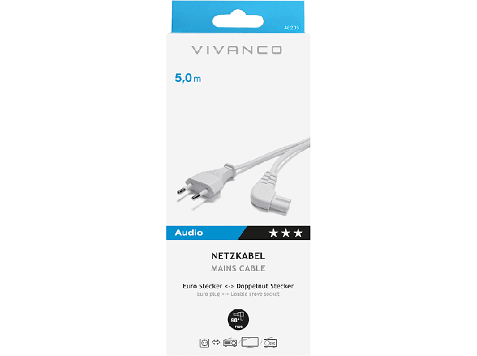 Vivanco Netzkabel Netzanschlussleitung Euro-Doppelnut Stecker Winkelstecker 5 m Vivanco Netzkabel Netzanschlussleitung Euro-Doppelnut Stecker Winkelstecker 5 m