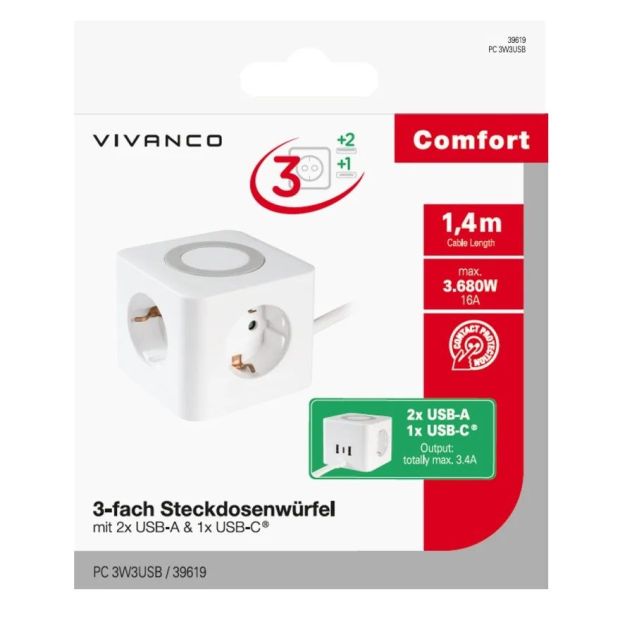 VIVANCO 3-fach Steckdosenwürfel mit 2x USB-A & 1x USB-C