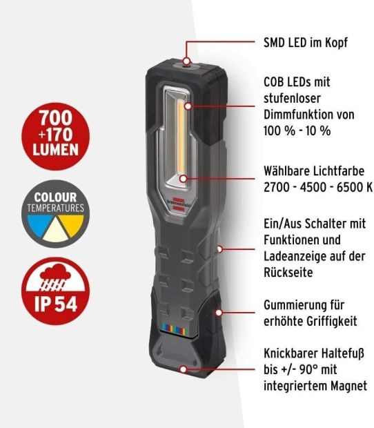 Brennenstuhl Handleuchte Arbeitleuchte mit Magnet und Haken Schwarz