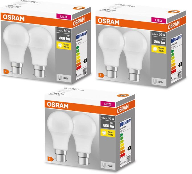 OSRAM LED Lampe B22d Sockel Glühbirne 60w 2700K Warmweiß [6ER]
