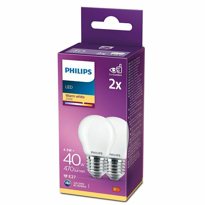 Philips E27 LED Leuchtmittel Tropfen 4,3W = 40W warmweiß Licht 470lm 2700K [2er-Pack]