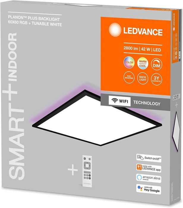 LEDVANCE Smart+ 60 x 60 cm Deckenpanel Schwarz, 1-flammig, 2700 Lumen, RGB Technologie, steuerbar über App oder Sprachassistenten wie Alexa oder Google, PLANON PLUS BACKLIGHT