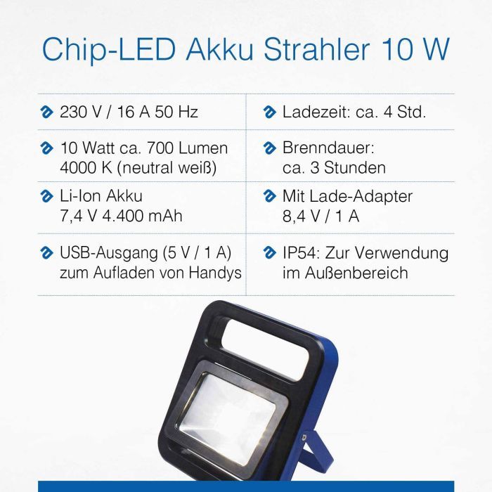 as - Schwabe Chip-LED Akku Strahler – 10 W Profi Baustrahler mit klappbarem Gestell – LED Spot Arbeitsleuchte – Mobile LED Leuchte für Außenbeleuchtung – Li-Ion Akku austauschbar – IP54 - Blau I 46471