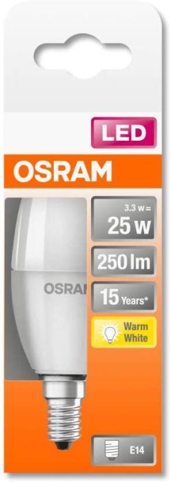 OSRAM LED STAR CLASSIC B Lampe mit E14 Sockel, Warmweiss (2700K), Kerzenform, 3.3W, Ersatz für 25W-Glühbirne, matt