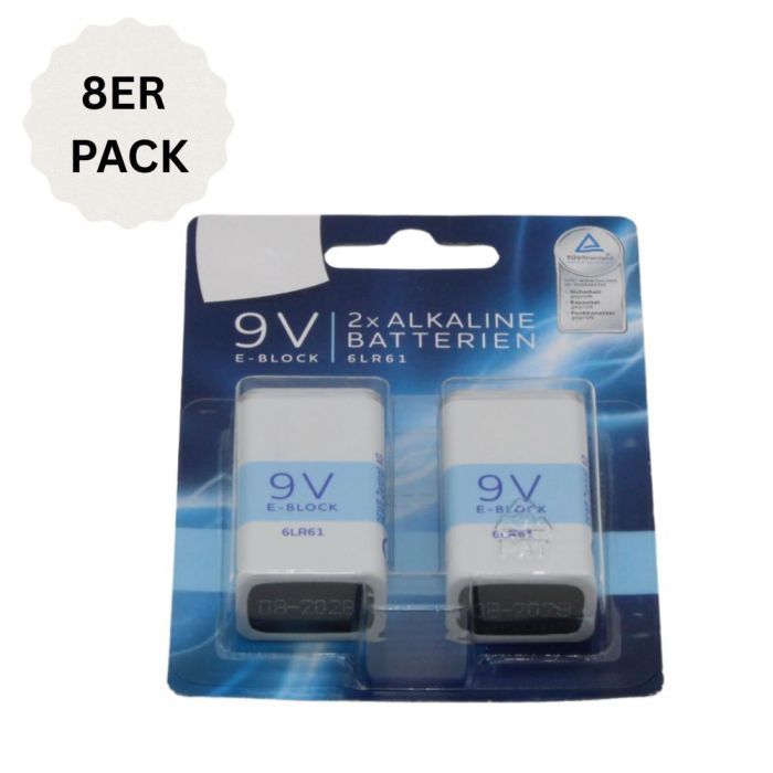 E-Block 9V Batterie Alkaline Blockbatterie Ideal für Rauchmelder Feuermelder 8ER SET 