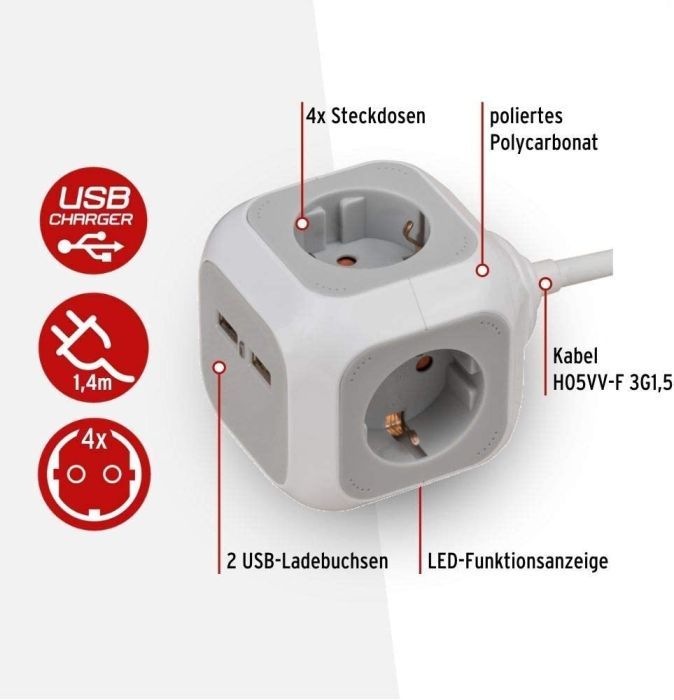 Brennenstuhl ALEA-Power USB-Charger Steckdosenblock/Steckdosenwürfel 4-fach (mit 2x USB, 1,4m Kabel und erhöhtem Berührungsschutz)