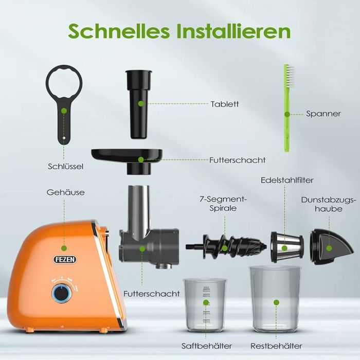 FEZEN Entsafter für Obst und Gemüse, Slow Juicer 7-stufige Spiralmühlen, Saftpresse Elektrisch 2 Geschwindigkeiten, Ruhiger Motor, Umkehrfunktion, BPA-frei Fruchtpresse, Saftkanne, Einfaches Reinigen [B-WARE]