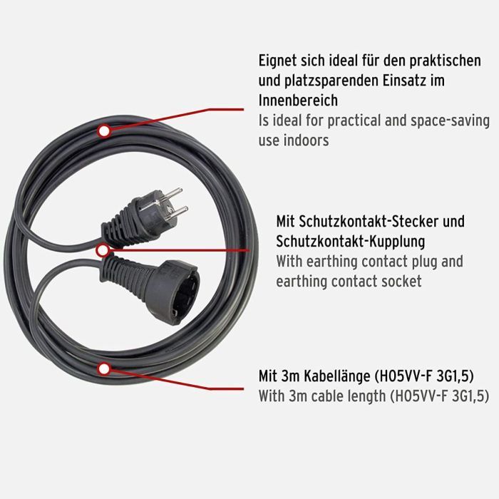 Brennenstuhl Verlägerungskabel 3m Strom Zuleitung Schuko Kabel Verängerung H05VV-F 3G1,5