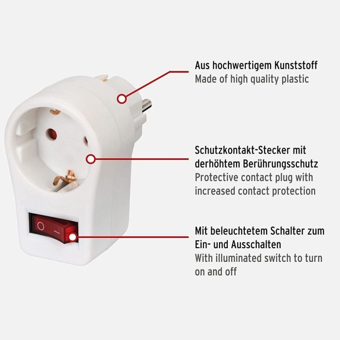Brennenstuhl Steckdosenadapter/ Schutzkontaktsteckdose mit Schalter (Zwischenstecker mit erhöhtem Berührungsschutz) weiß