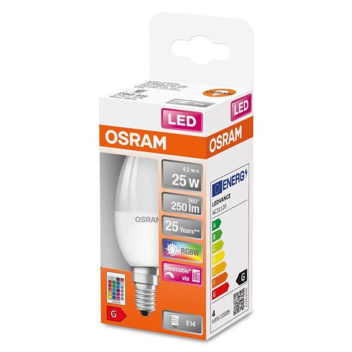 OSRAM Retrofit RGBW Lampen mit Fernbedienung LED Leuchtmittel in Kerzenform, Sockel: E14, warmweiß, 2700 K, 4,2 W, entspricht 25 W, LED RETROFIT RGBW LAMPS WITH REMOTE CONTROL CLASSIC B, matt