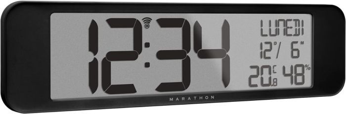 Marathon Digitale Wand-Atomuhr mit Temperatur Luftfeuchtigkeit Datum Klappbarer