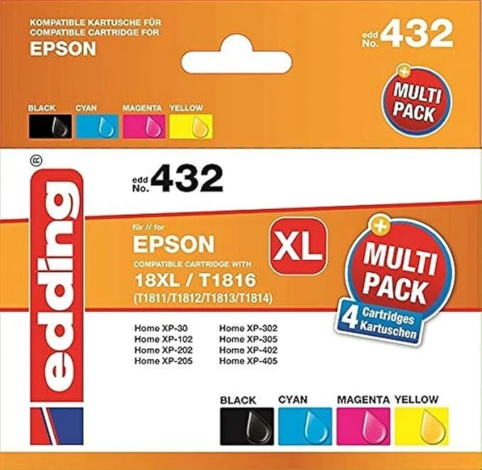 Edding EDD-432 Druckerpatrone Multipack für Epson 18XL, T1816, T1811, T1812, T1813,T1814