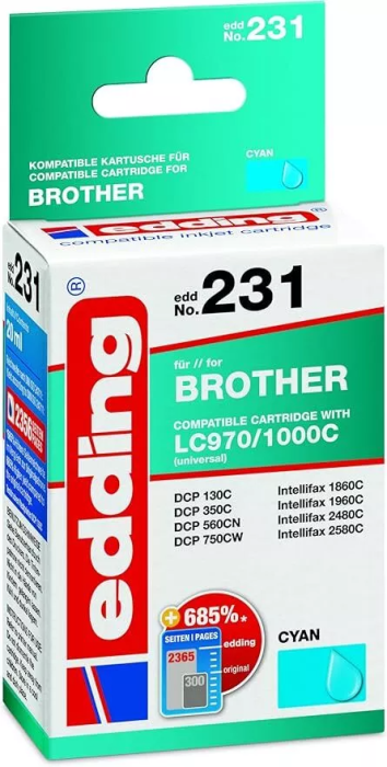 Edding edd-231 Druckerpatrone Brother LC970C/LC1000C cyan 20 ML Einzelpatrone