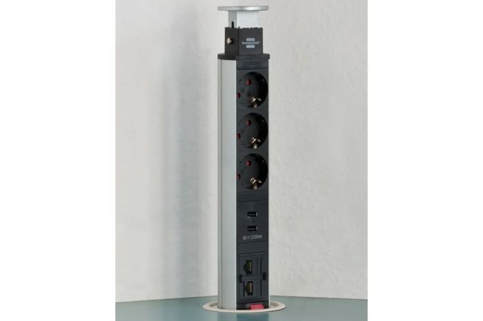 Brennenstuhl Tower Power 3 fach Tischsteckdose versenkbar Einbausteckdose mit USB LAN Ports 2X RJ45 2m Kabellänge