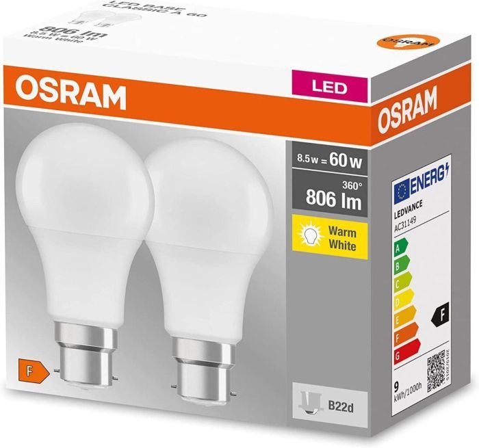 OSRAM LED Lampe B22d Sockel Glühbirne 60w 2700K Warmweiß [6ER]